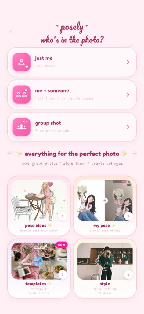 Posely home screen